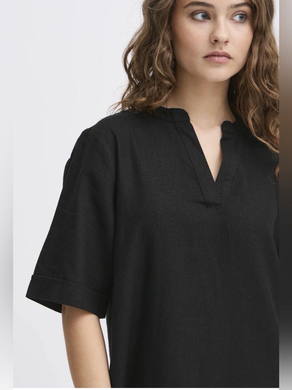 ICHI IHLINO Linen Day Dress Minimal Black Split-Neck Shift Dress Euro Summer - Picture 3 of 15